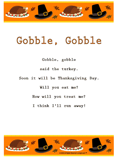 Thanksgiving Rhymes & Songs: Lyrics For "Gobble, Gobble" With A Learn ...